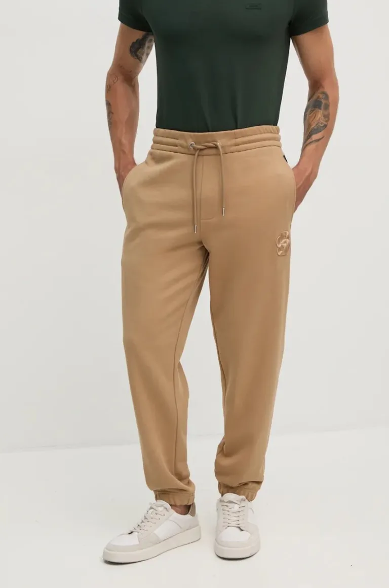 BOSS pantaloni de trening din bumbac culoarea bej