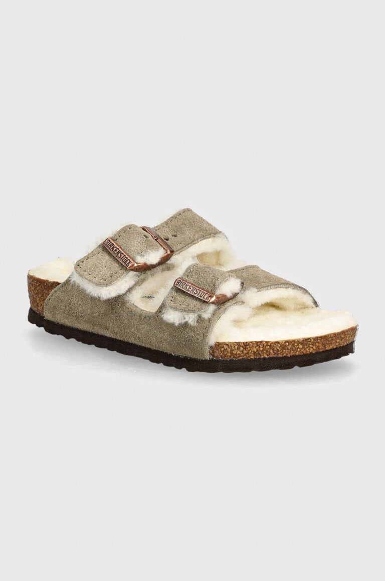 Birkenstock papuci din piele intoarsa pentru copii Arizona Shearling culoarea bej