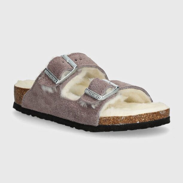 Birkenstock papuci din piele intoarsa pentru copii Arizona Shearling culoarea roz