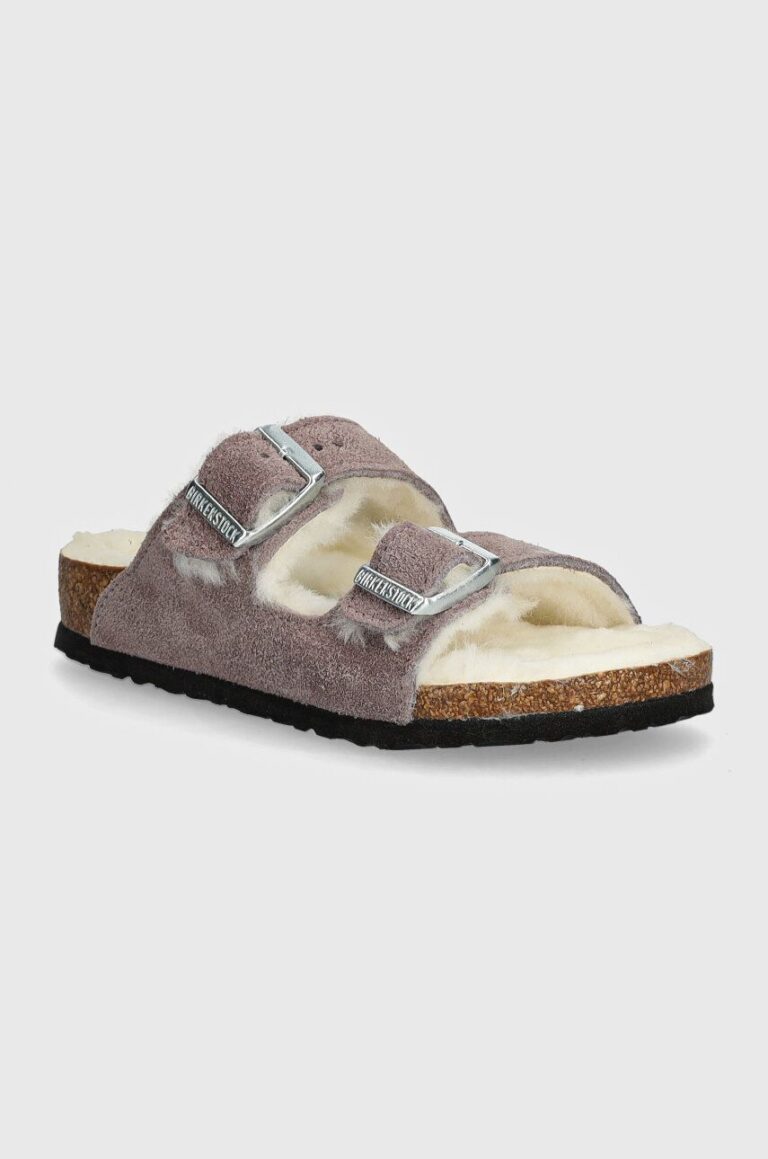 Birkenstock papuci din piele intoarsa pentru copii Arizona Shearling culoarea roz