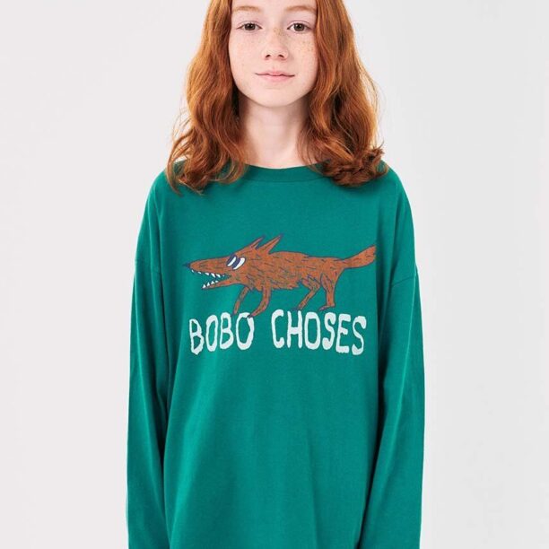 Bobo Choses longsleeve din bumbac pentru copii The Clever Fox culoarea verde