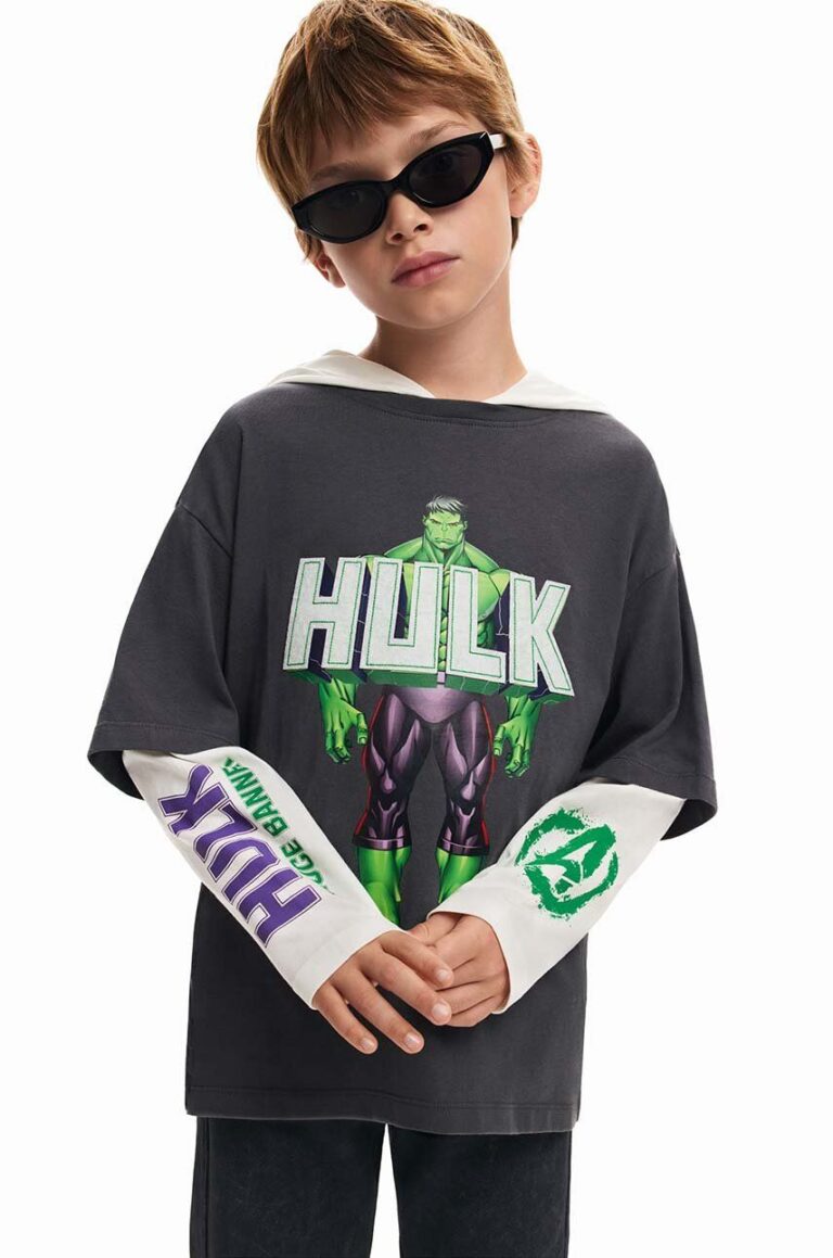 Desigual longsleeve din bumbac pentru copii HULK culoarea gri