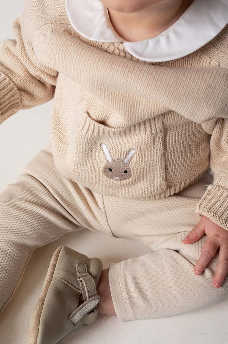 Donsje pulover din bumbac pentru bebeluși Loeke Sweater Bunny culoarea bej