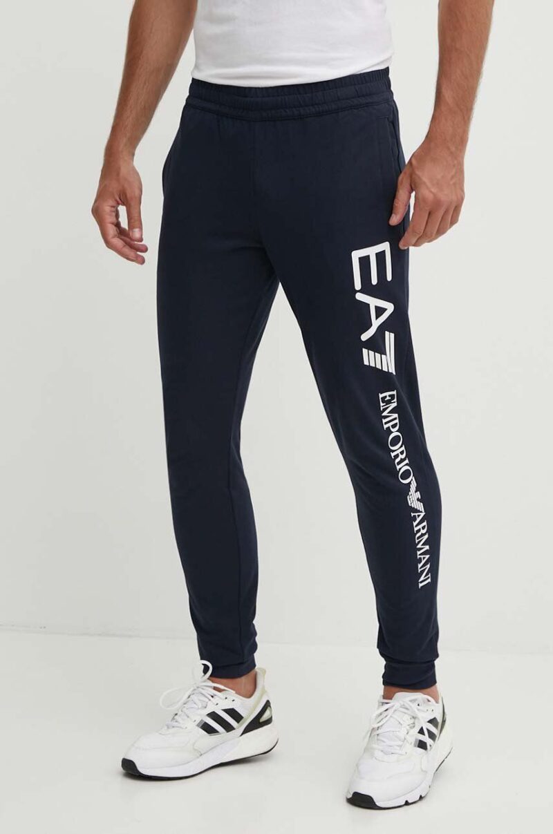 EA7 Emporio Armani pantaloni de trening din bumbac culoarea albastru marin