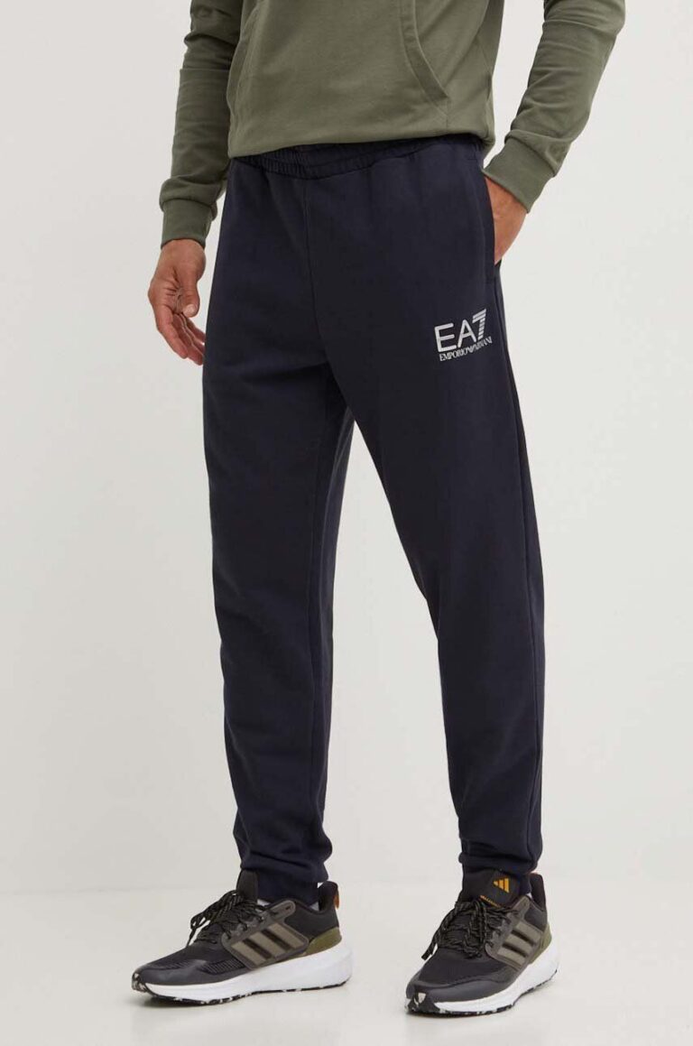 EA7 Emporio Armani pantaloni de trening din bumbac culoarea albastru marin