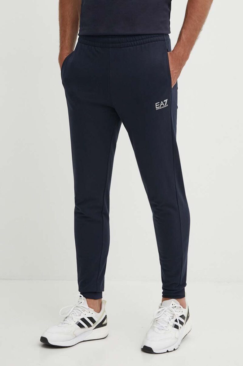 EA7 Emporio Armani pantaloni de trening din bumbac culoarea albastru marin