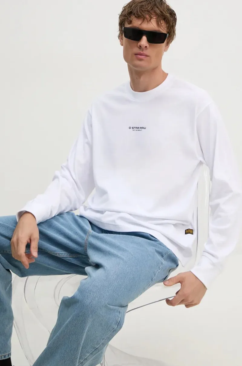 G-Star Raw longsleeve din bumbac culoarea alb