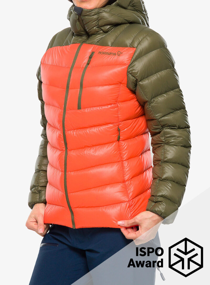 Geaca schi de tura femei Norrona Lyngen Down850 Hood - olive night/orange alert