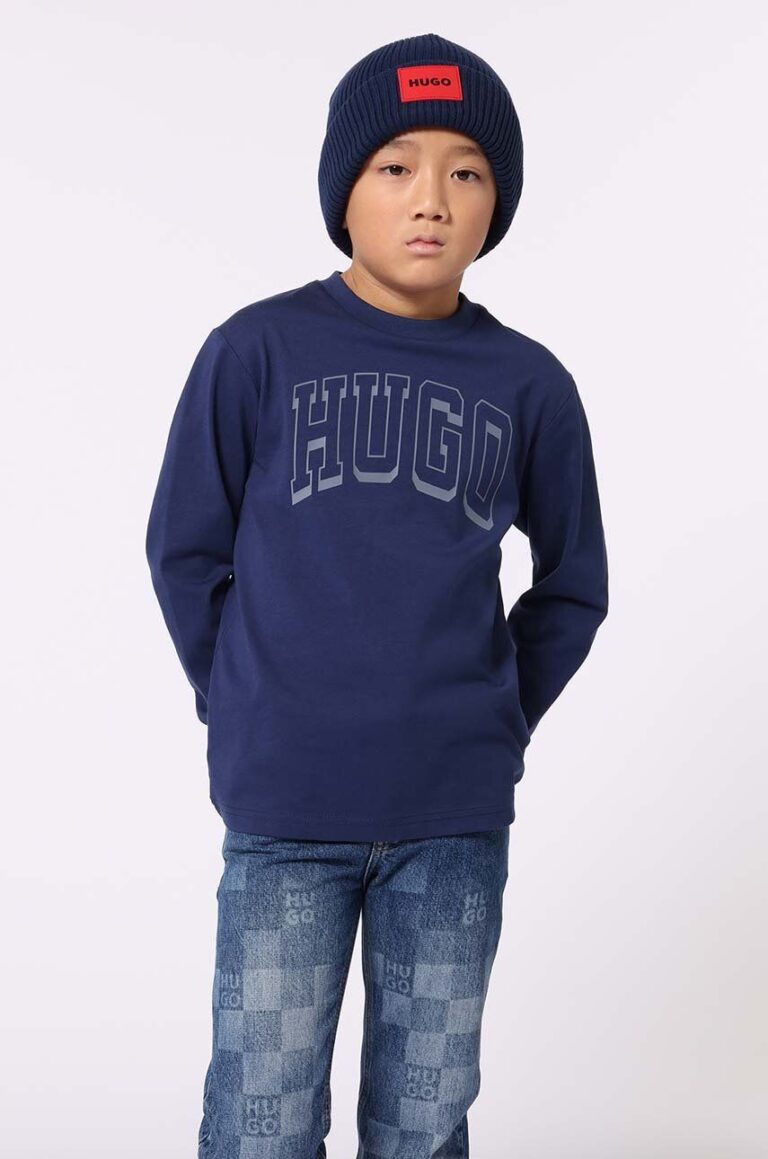 HUGO longsleeve din bumbac pentru copii culoarea albastru marin