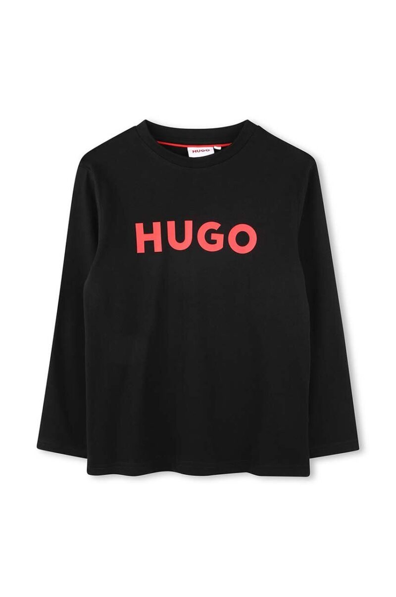 HUGO longsleeve din bumbac pentru copii culoarea negru