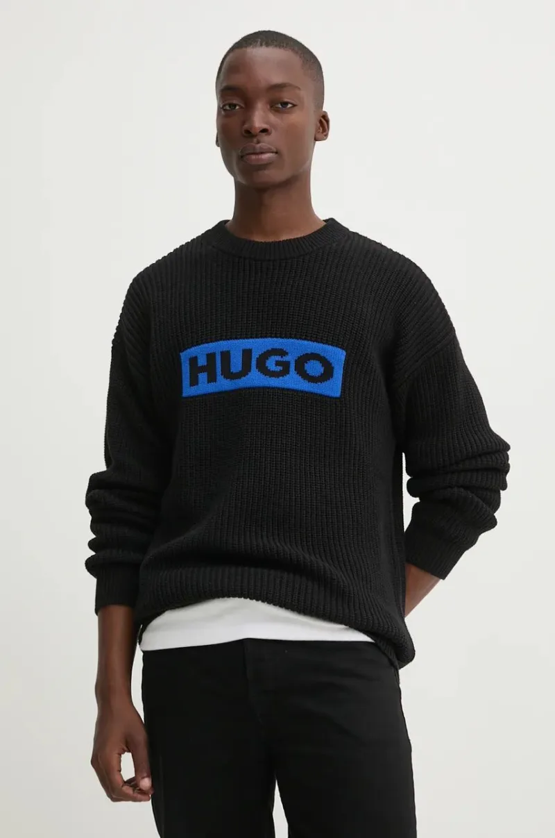 Hugo Blue pulover de bumbac culoarea negru