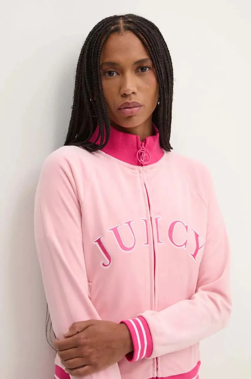 Juicy Couture bluză din velur TANYA TRACKTOP culoarea roz