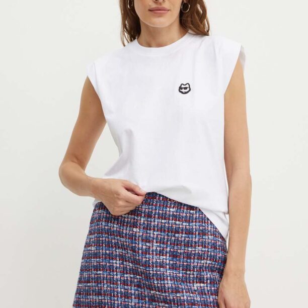 Karl Lagerfeld top din bumbac culoarea alb