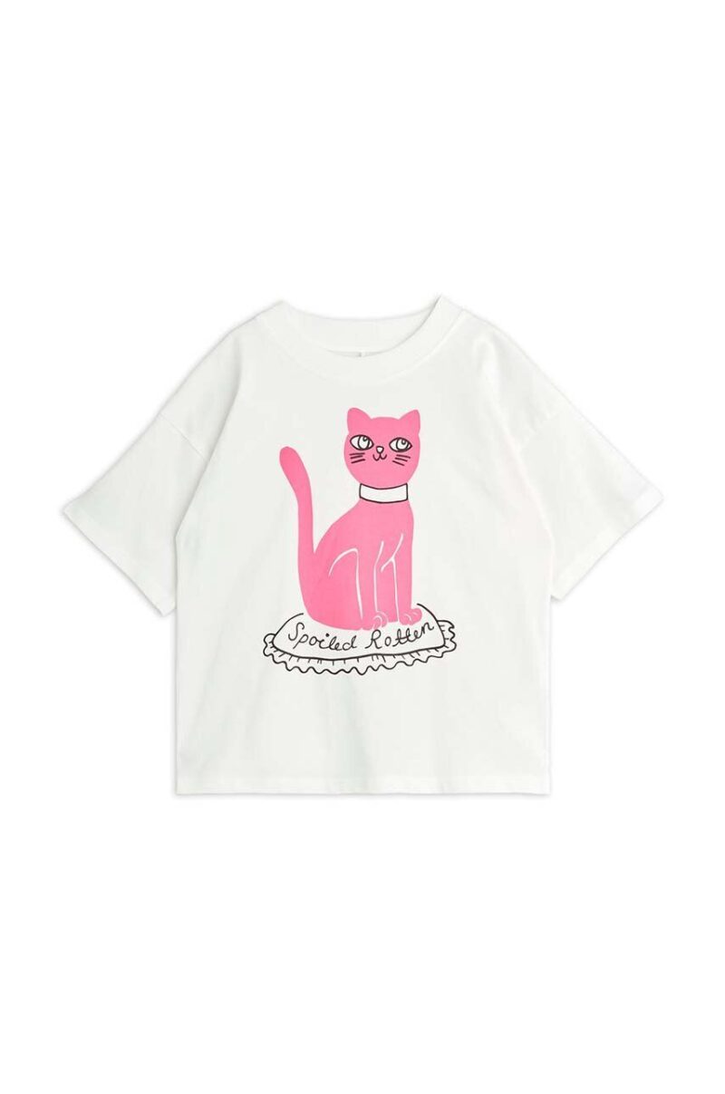 Mini Rodini tricou de bumbac pentru copii Cat culoarea alb