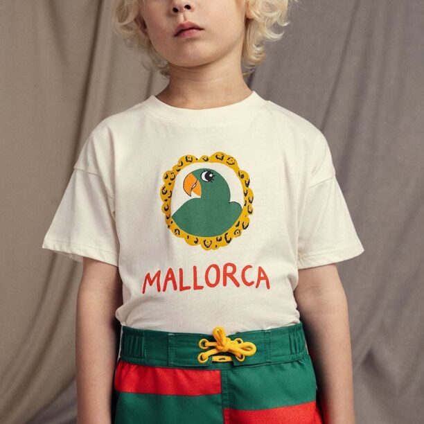 Mini Rodini tricou de bumbac pentru copii Parrot culoarea bej