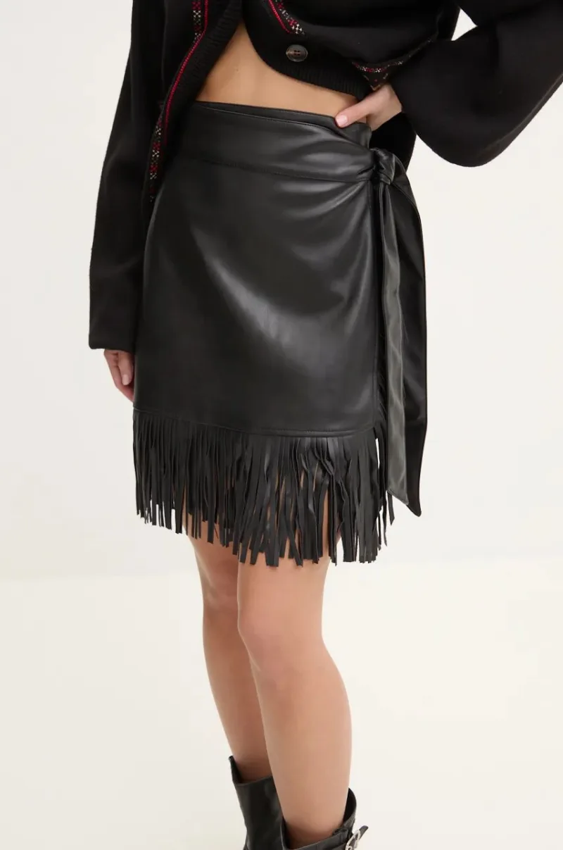 Never Fully Dressed fusta Vegan Leather Mini Fringe Jaspre culoarea negru