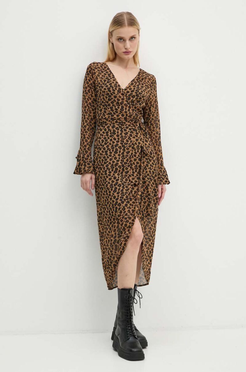 Never Fully Dressed rochie Leopard Sheer Wrap Dress culoarea maro