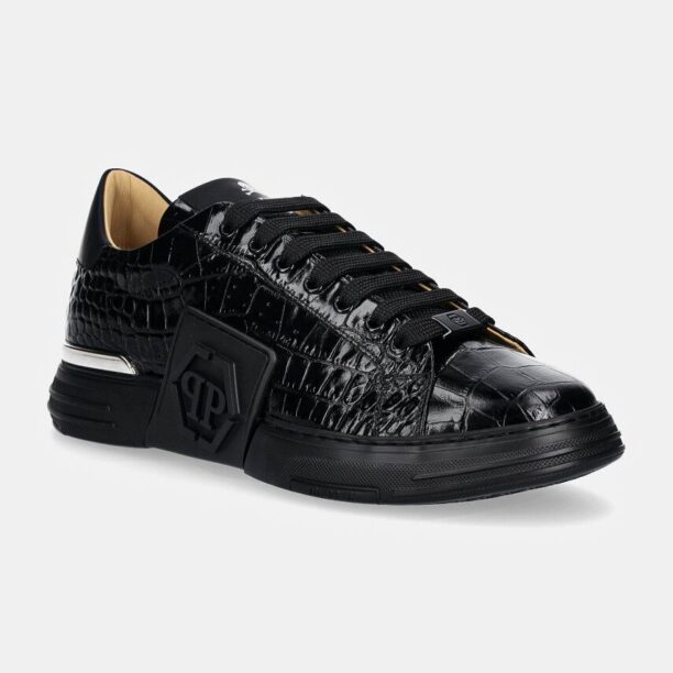 Philipp Plein sneakers din piele Crocco Lo-Top Hexagon culoarea negru