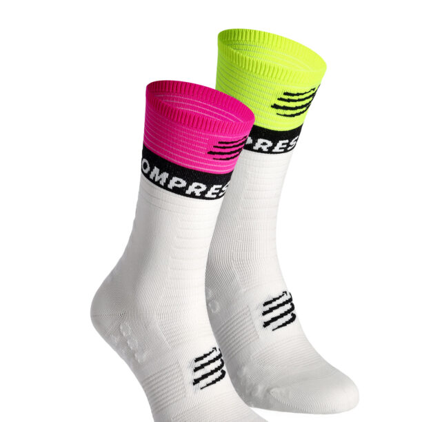 Sosete de alergare Compressport Mid Compression Socks V2.0 - white/yellow/neo pink