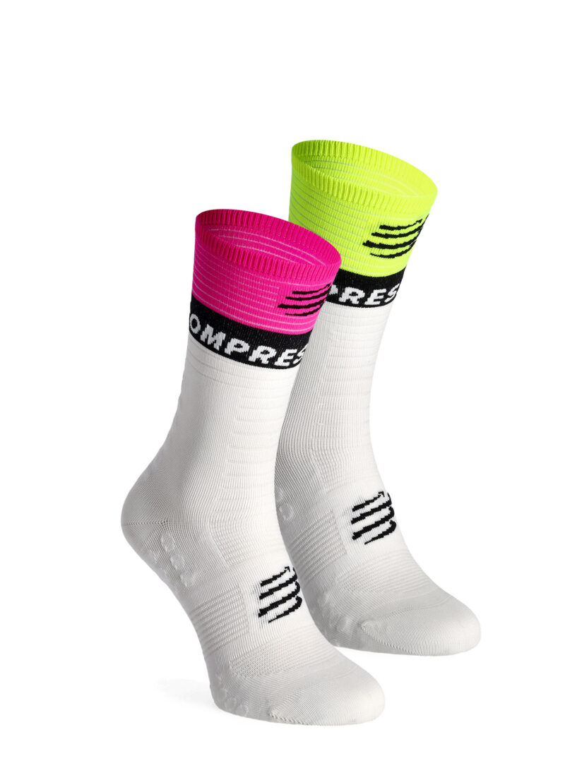 Sosete de alergare Compressport Mid Compression Socks V2.0 - white/yellow/neo pink