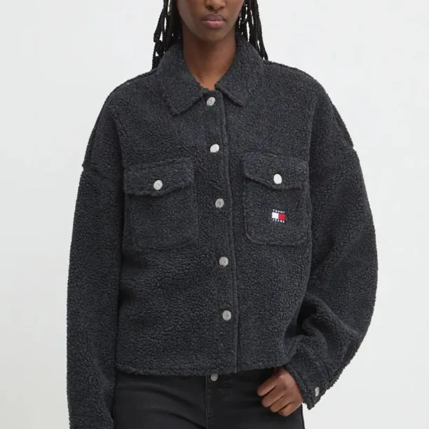 Tommy Jeans geacă cu aspect de cămașă culoarea negru