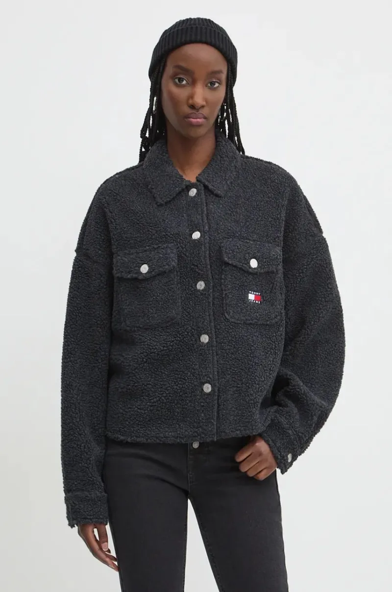 Tommy Jeans geacă cu aspect de cămașă culoarea negru