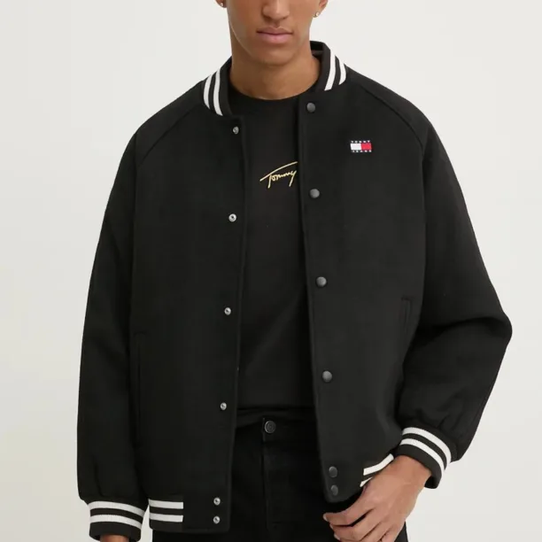 Tommy Jeans jacheta bomber din amestec de lana culoarea negru