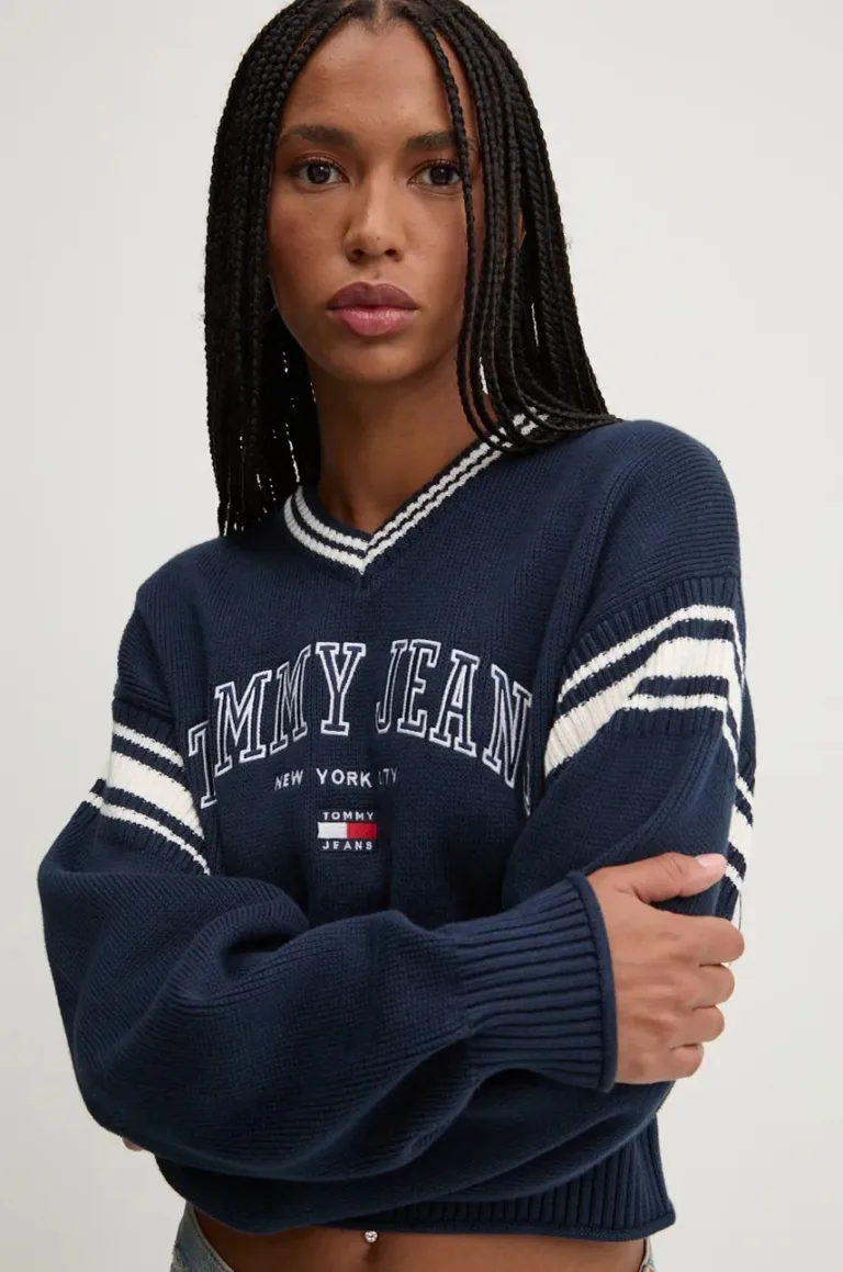 Tommy Jeans pulover de bumbac culoarea albastru marin