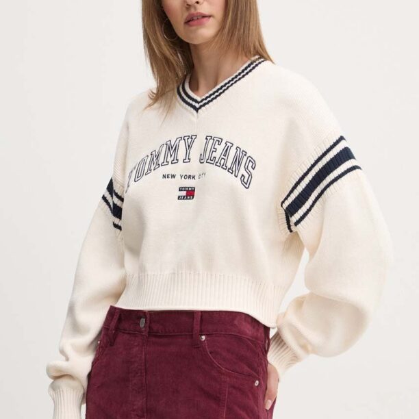 Tommy Jeans pulover de bumbac culoarea bej