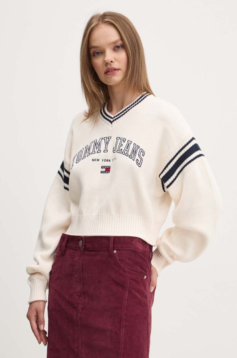 Tommy Jeans pulover de bumbac culoarea bej