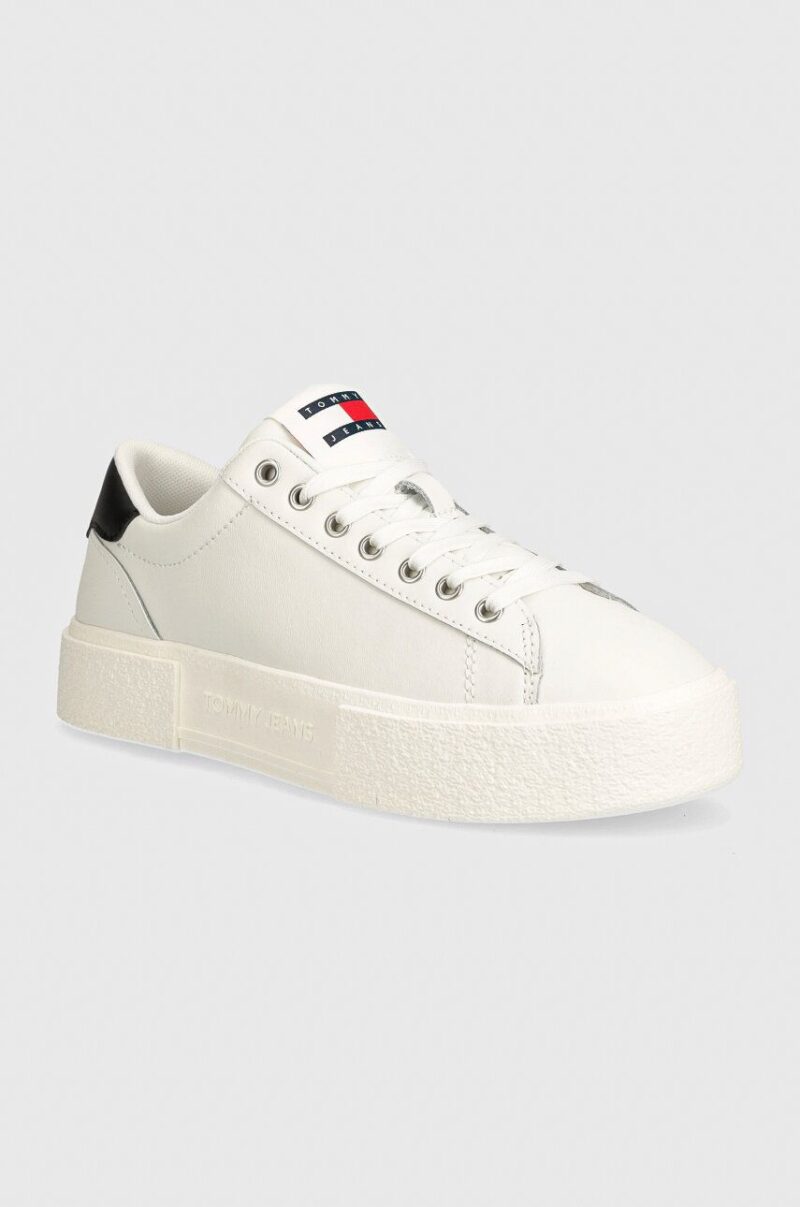 Tommy Jeans sneakers din piele TJW FOXING FLATFORM culoarea alb