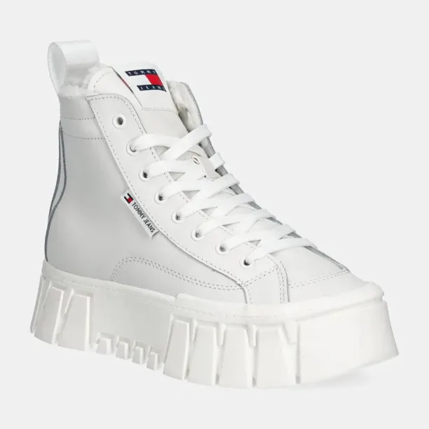 Tommy Jeans sneakers din piele TJW VULC FLATFORM MC WL culoarea alb