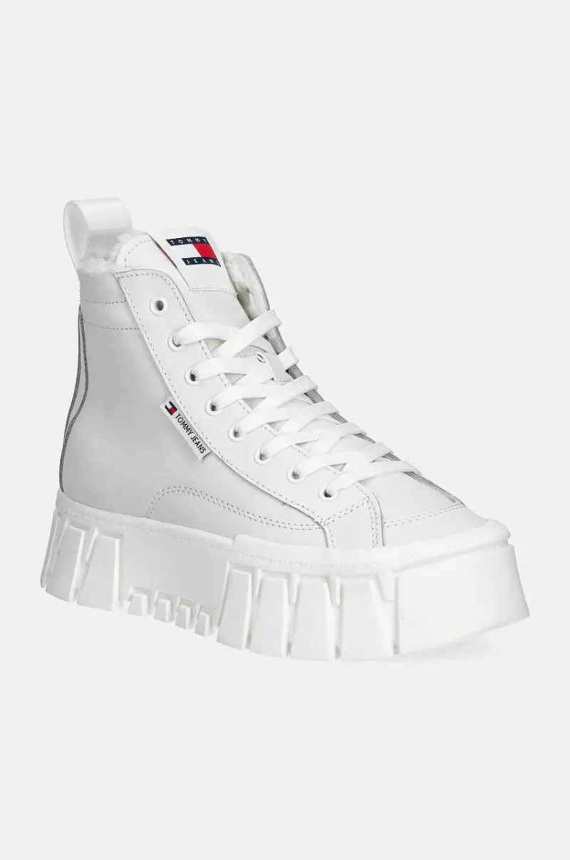 Tommy Jeans sneakers din piele TJW VULC FLATFORM MC WL culoarea alb