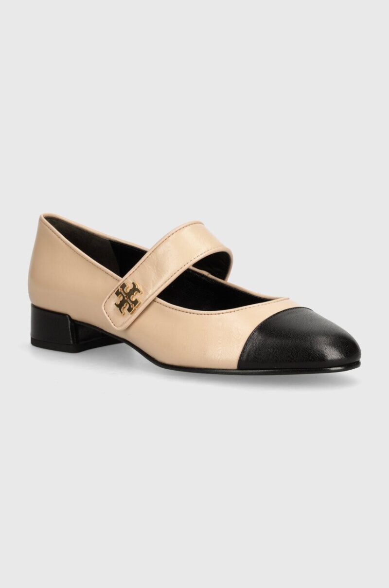 Tory Burch pantofi de piele Mary Jane Heel Ballet culoarea bej