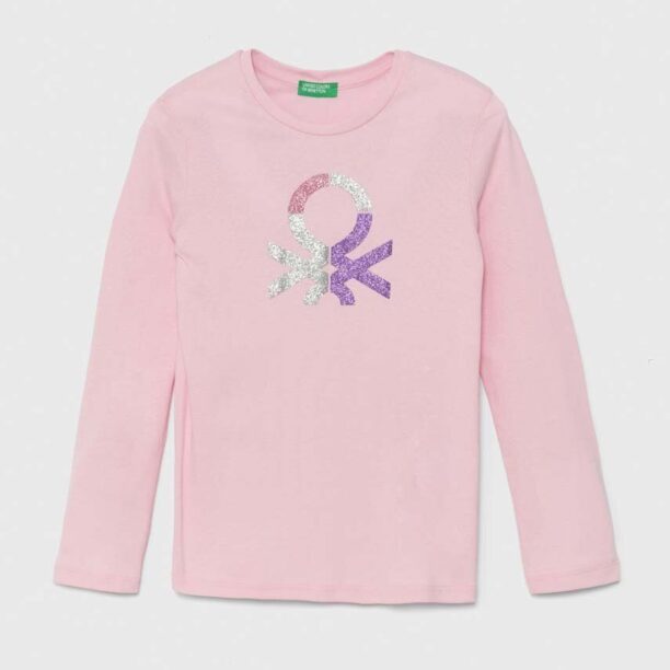 United Colors of Benetton longsleeve din bumbac pentru copii culoarea roz