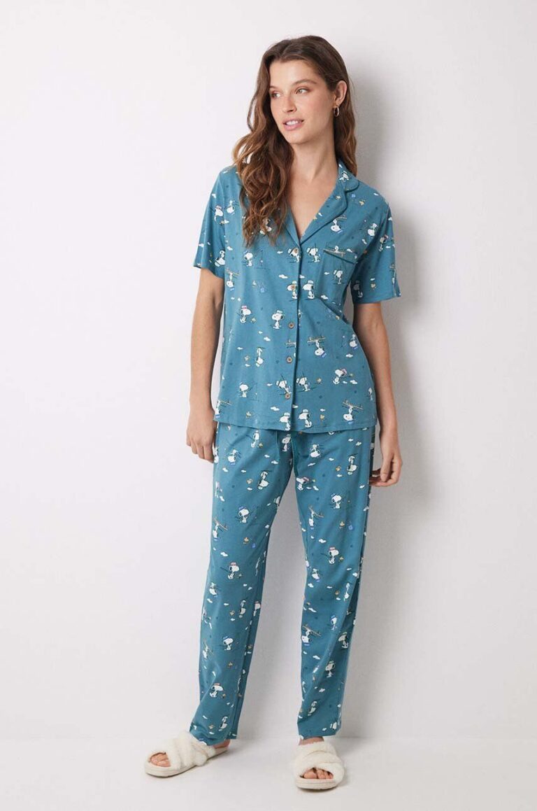 women'secret pijamale de bumbac Snoopy culoarea verde