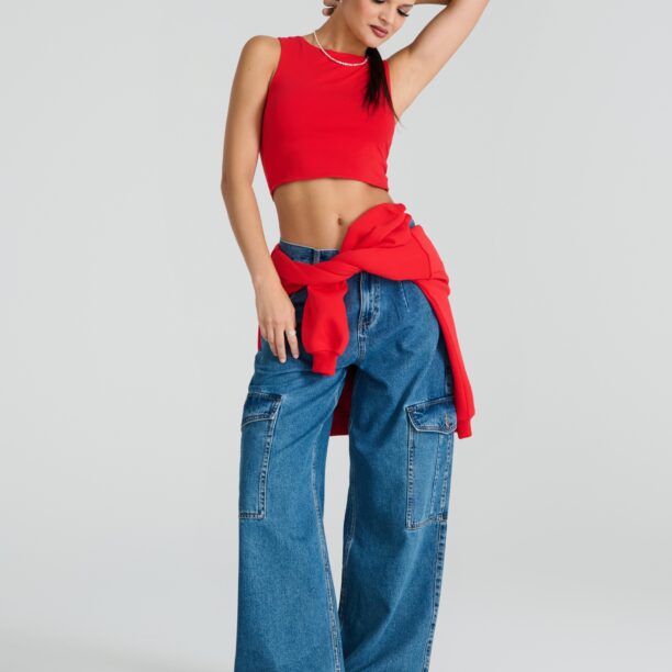 Blugi cargo wide leg - bleumarin preţ