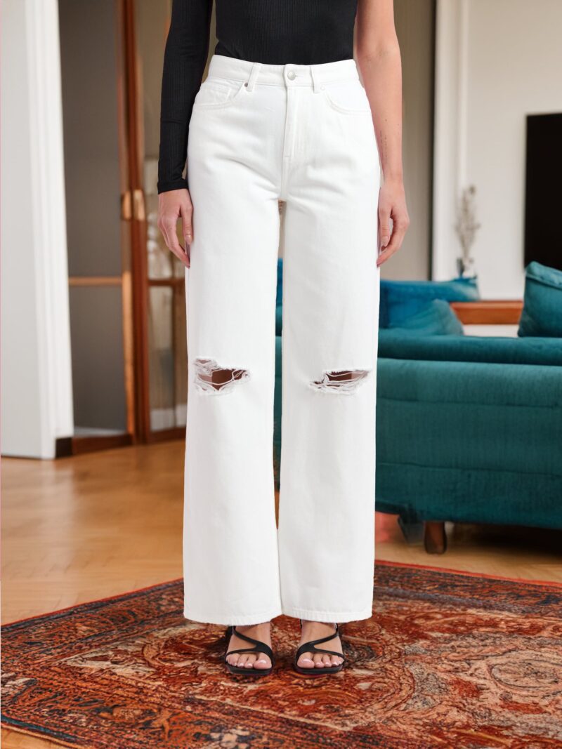 Blugi high waist wide leg - alb preţ