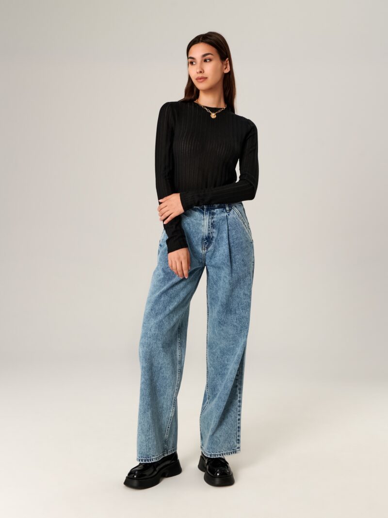 Blugi high waist wide leg - albastru preţ