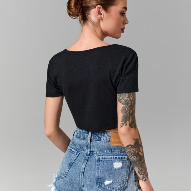 Original Crop top cu șnur decorativ - negru