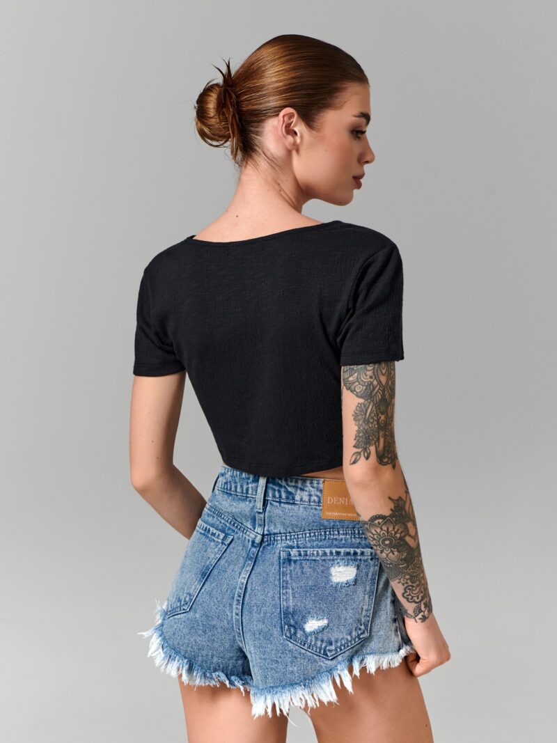 Original Crop top cu șnur decorativ - negru