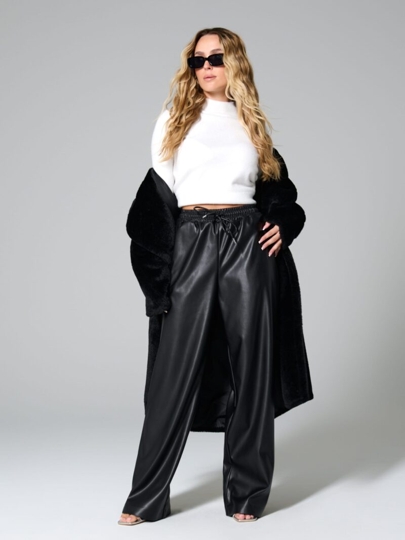 Original Pantaloni wide leg din piele ecologică - negru