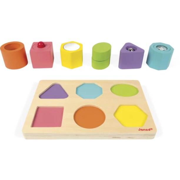 Janod Wood Shapes and Sound jucărie interactivă cu piese care se pot insera 12 m+ 6 buc preţ