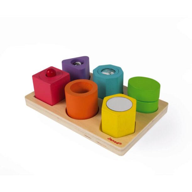 Preţ Janod Wood Shapes and Sound jucărie interactivă cu piese care se pot insera 12 m+ 6 buc