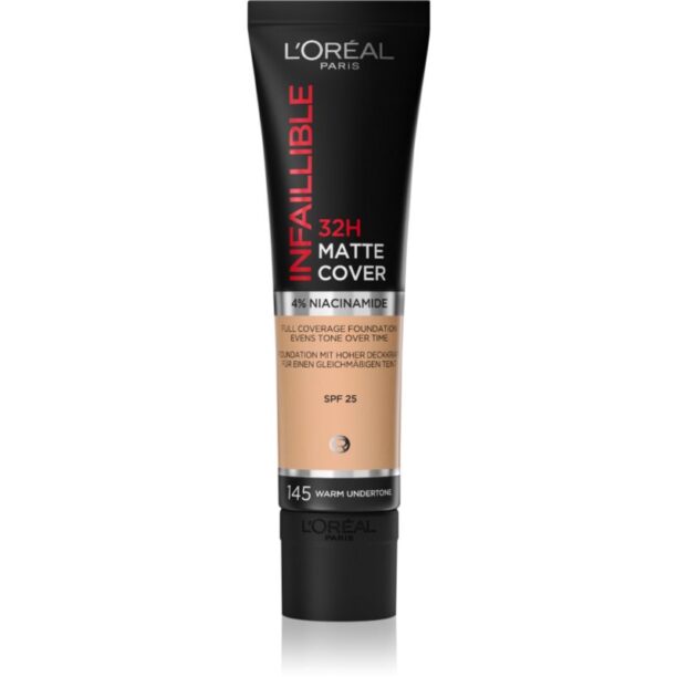 L’Oréal Paris Infallible 32H Matte Cover machiaj matifiant de lungă durată SPF 25 culoare 145 (Warm Undertone) 30 ml