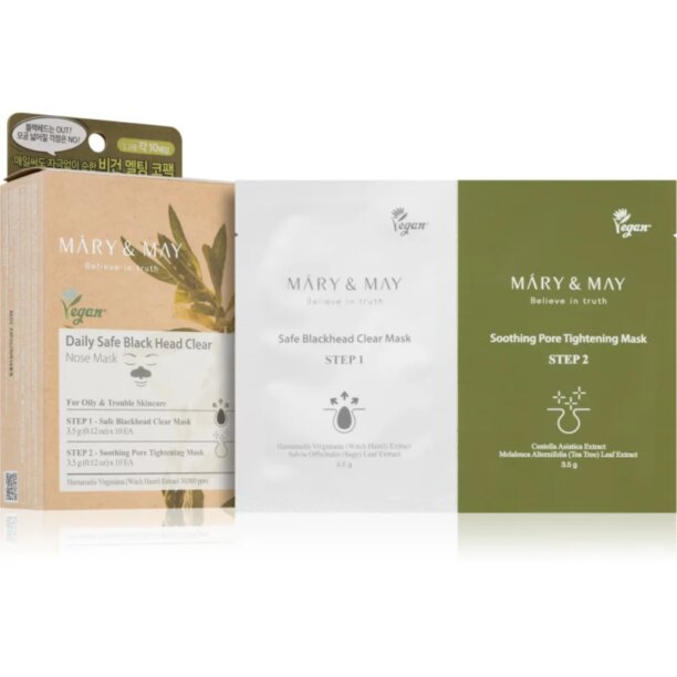 MARY & MAY Daily Safe Black Head Clear Nose Mask patch-uri de curatare a prilor de pe nas pentru tratarea tenului în două faze 2x10 buc