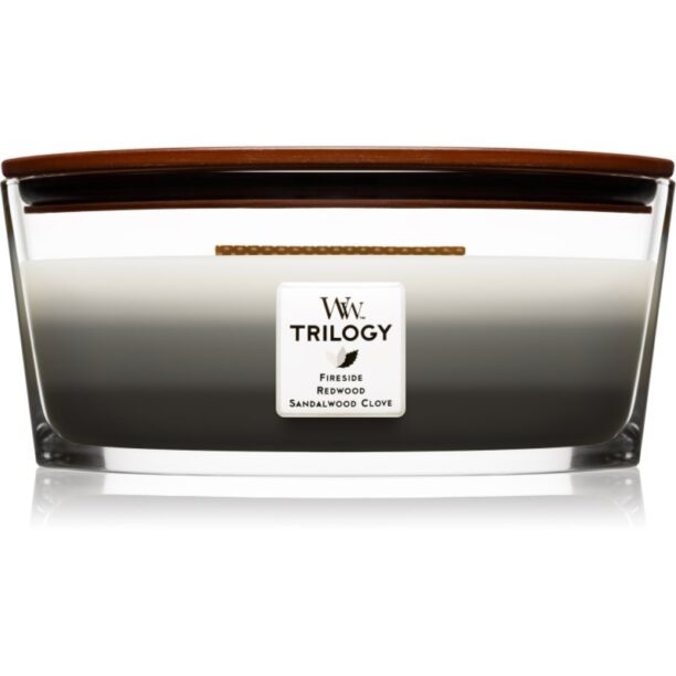 Woodwick Trilogy Warm Woods lumânare parfumată cu fitil din lemn (hearthwick) 453.6 g