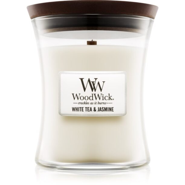 Woodwick White Tea & Jasmine lumânare parfumată cu fitil din lemn 275 g