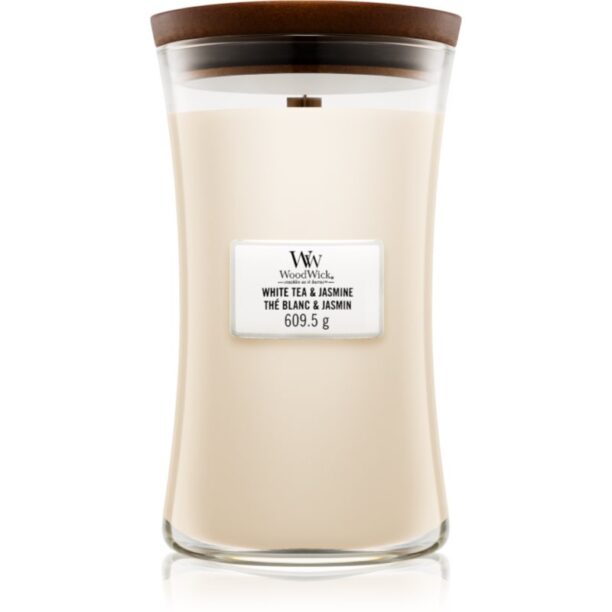 Woodwick White Tea & Jasmine lumânare parfumată cu fitil din lemn 609.5 g